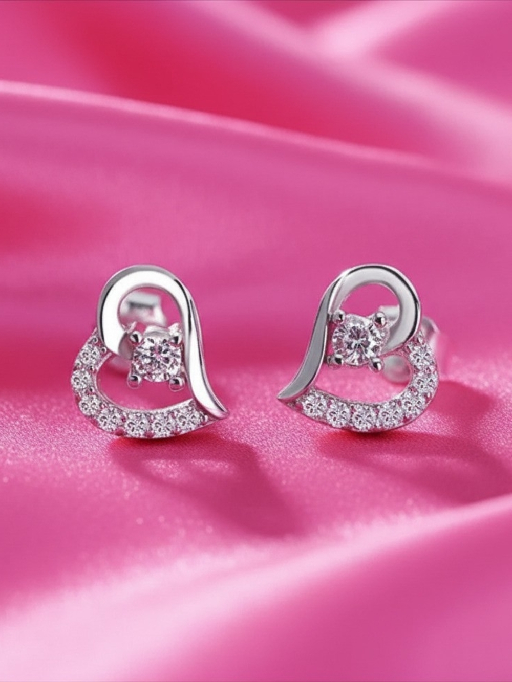 925 Silver Heart W/ Crystal Zircon Stud‎ Earrings - Women Jewelry - NEW
